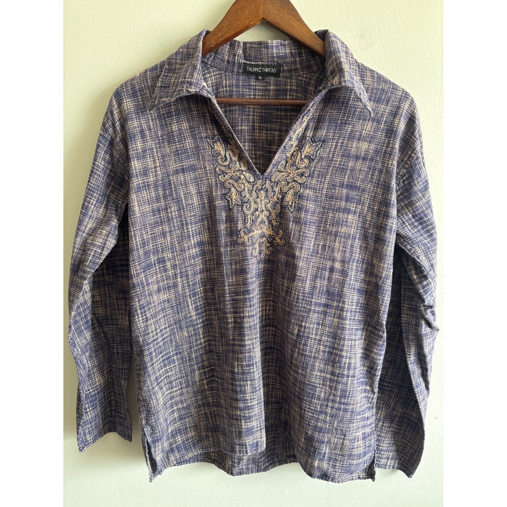 Talking Thread V-Neck Tunic Top Long Sleeve Boho Pullover Large